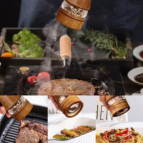 product_image_name-Generic-Wooden Salt and Pepper Grinder Set with Acrylic Window, Manual Grinder with Vintage Distressed Finish, Wood Tone, Ceramic Core, Adjustable Coarseness - 16.51 cm(Brown)-3