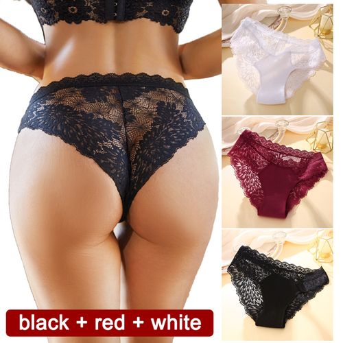 Generic 3PCS/Set Lace Women's Panties Sexy Women's Underwear Transparent  Female Underpants Girls Plus Size Women Lingerie S_XL(#white Red Black)