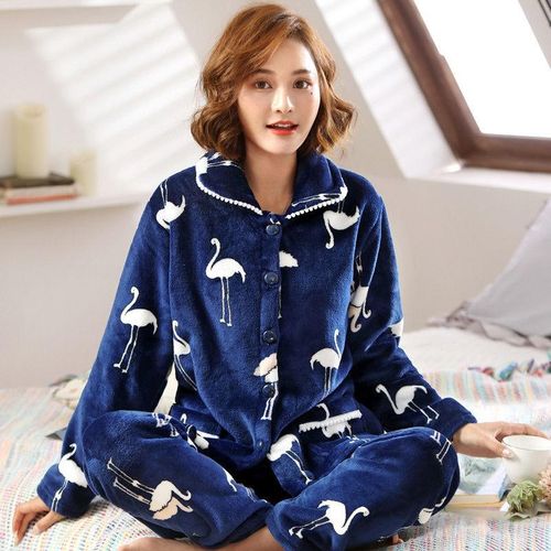 Fashion Winter Women Fnel Pajamas Set Thick Warm 2PCS Sleepwear Coral  Fleece Pyjamas Suit Loose Sleep Set Casual Home Wear