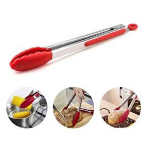 product_image_name-Generic-Heat Resistant Stainless Steel Silicone Barbecue & Pastry Picker Tong With Hanging Loop-Red-1