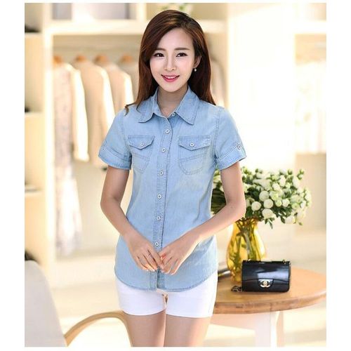 Generic Tunic 2020 Women Clothing Pockets Blouse Short Sleeve Summer Denim  Shirt Vintage Water Washed Jeans Shirt Social Ropa Mujer
