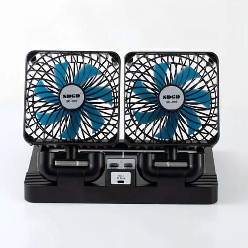 Solar charger Double Head Rechargeable Fan  - Black - image 2
