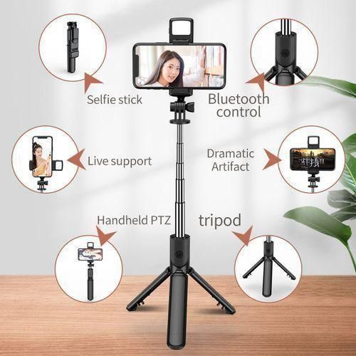 Generic LED Light Bluetooth Selfie Stick Tripod Stand Fill Light Shutter With Remote -Black - image 3