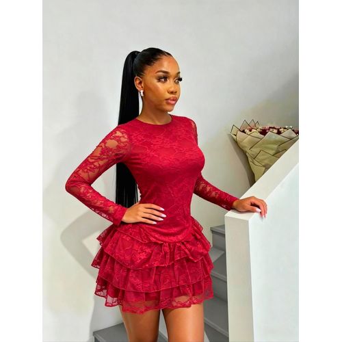 Yolanda Multilayered Red Lace Dress Long Sleeves midi women