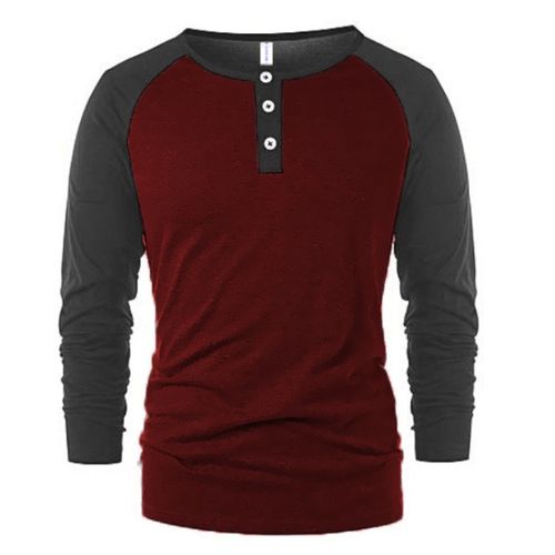 Danami Long Sleeve Contrast T-Shirt With Button - Wine & Dark Grey ...