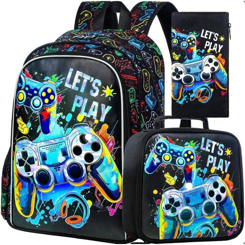 Fashion "Let's Play" Neon Gamer 3-Piece School Backpack Set