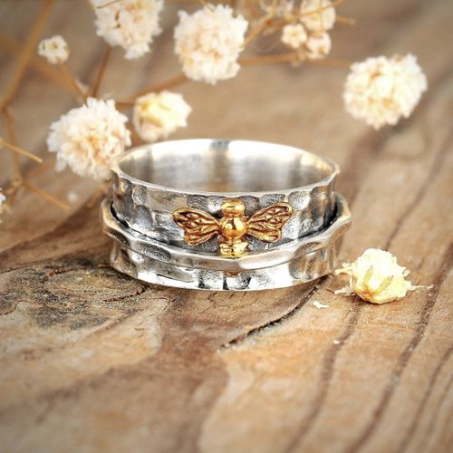 Fashion (Ring)Vintage Bee Spinner Fidget Rings For Women Hammered Ring  Dainty Meditation Spinner Wide Band Anti Anxiety Worry Jewelry Gifts SHA