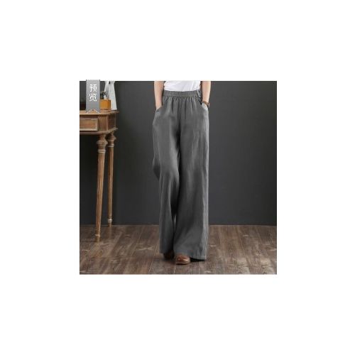 Plus Size Ladies Cotton Linen Casual Long Pants Womens Wide Leg