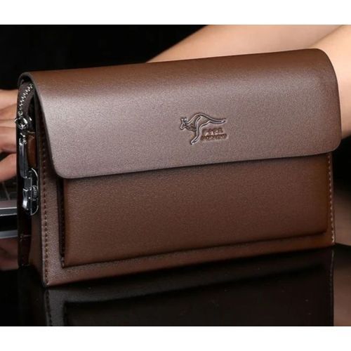 Fashion Mens Genuine Clutch Bag Zipper Leather Wallet - BROWN