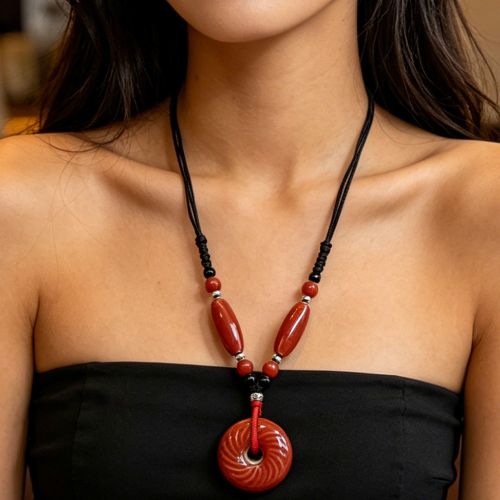 Fashion Red Donut Pendant Necklace Adjustable Rope - image 3