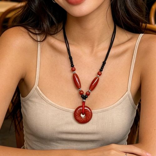Fashion Red Donut Pendant Necklace Adjustable Rope - image 4