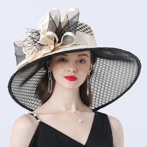 Fashion Women 16cm Wide Brim Flower Mesh Sun Hat Lady Bow Summer