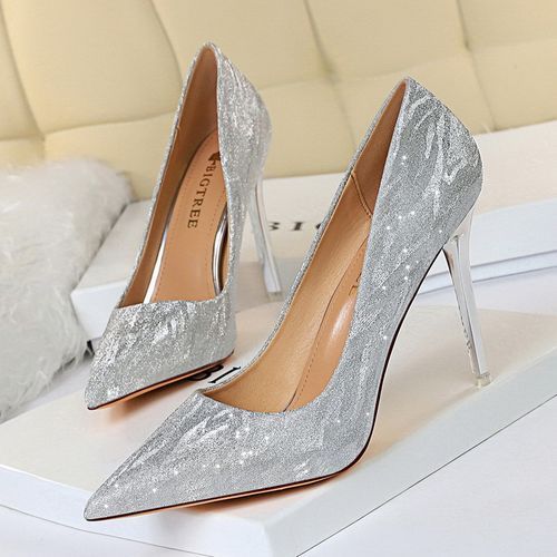 Glaze Stunning Silver Ankle Strap Sandals Sz 10 Stiletto Heel Cushioned  Glitter | eBay