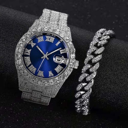 product_image_name-Fashion-2 In 1 Men's Watch With Bracelet Cuban Chain Set - Silver-2