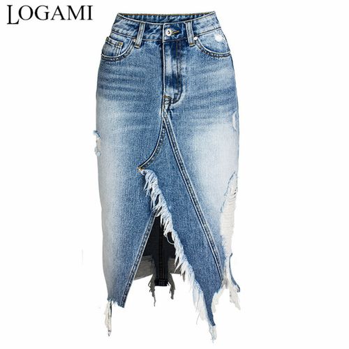 Fashion LOGAMI Ripped Denim Skirts Womens Asymmetrical Pencil Jean ...