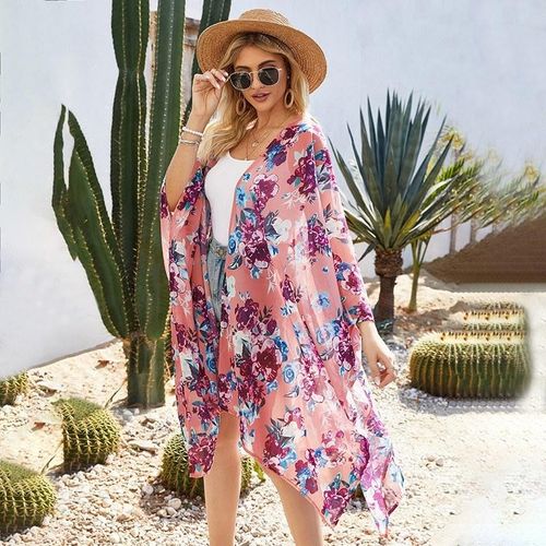 Generic Women Floral Loose Kimono Cardigan Open Front 3 4 Sleeves