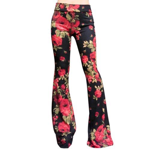 Fashion (Red)Hot Sale Retro Flower Print Big Bell Bottom Pants Leggings  High Waist Elasticity Leggins Sports Workout Fitness Trousers Leggins SMA