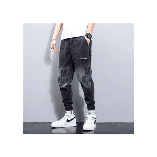 Fashion Men's New Letter Print Gradient Casual Jeans - Black