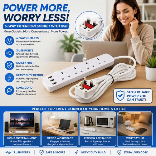 Extension Heavy Duty Socket with USB POWER SURGE PROTECTOR Extensions Socket with USB Long box Strip Heavy Duty Electrical Extensions Sockets surge protector with On/Off Switch and Power Indicator Long Extensions box