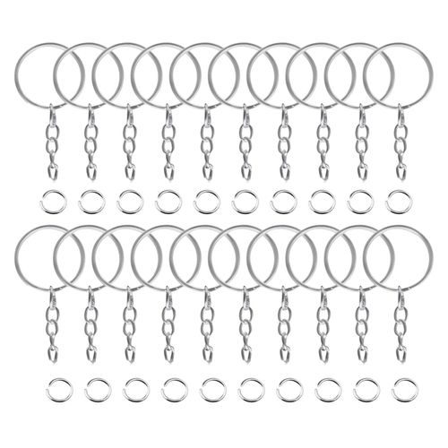 100picecs Keyring Ring With Chain, Metal, 25mm