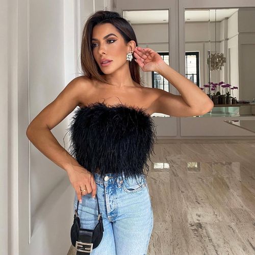 Fashion (Black)2023 Summer Women Feather Top Off Shoulder Cropped Y2K Tube  Top Furry Crop Party Club Tank Woman Zipper Green Tops Cute WEF