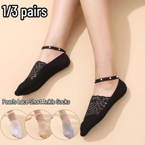 Generic 1/3 Pair Boat Socks for Women Summer Pearls Lace Short