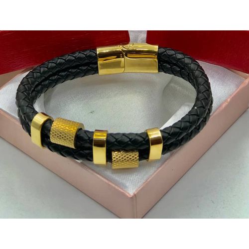 product_image_name-Fashion-Mens Leather Bangle - Gold-1