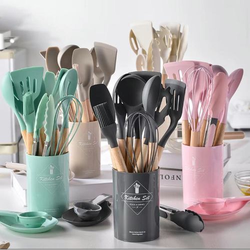 product_image_name-Generic-12pcs Silicone Non-Stick Cooking Spoon set - Pink-1