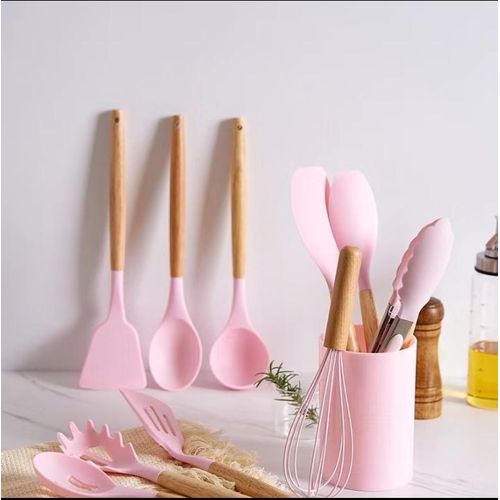 product_image_name-Generic-12pcs Silicone Non-Stick Cooking Spoon set - Pink-4