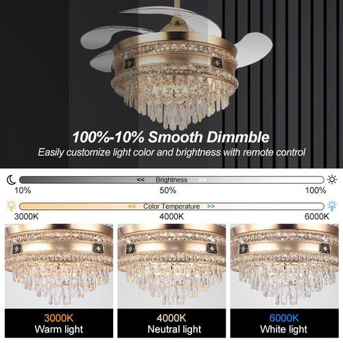 Generic Modern Gold Crystal Retractable Ceiling Fan Light ("Fandelier") - image 2