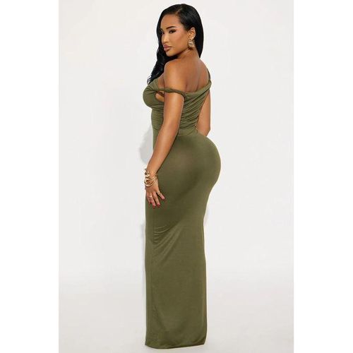 Fashion Olive Off Shoulder Maxi Dress for Women Stylish Trendy Casual Everyday Wear Date Night - image 2