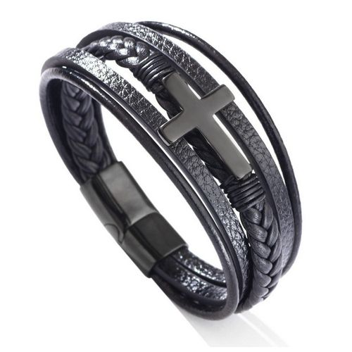 product_image_name-Fashion-Men’s Leather Cross Bracelet – Braided Multi-Layer Vintage Wristband-1