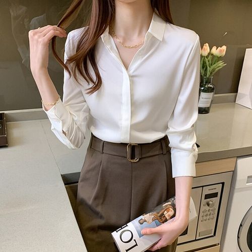 Autumn Fashion Button Up Satin Silk Shirt Spring Vintage Blouse Wom