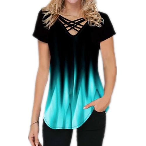 Plus Size Women Boho Shoulder Zipper Tops T-Shirt Ladies V Neck