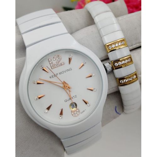 Keep Moving Quality Sophisticated Fashionable Non White Ceramic Wristwatch  + Bracelet