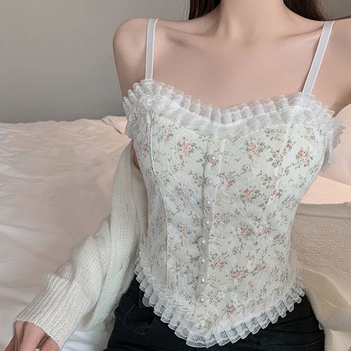 Fashion Women Pearl Y Vintage Corset Lace Crop Tops Te Cute Camis