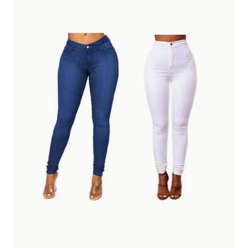 product_image_name-Fashion-2in1 Ladies High Waist Skinny Jean- Blue&White-1