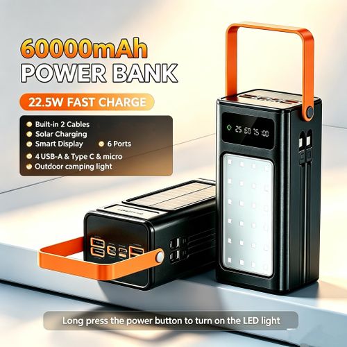 Generic  60000mAh Solar Power Bank 22.5W Fast Charge with Built-in Cables LED Light