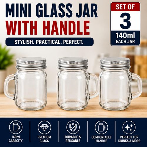 Generic 3PCS Mini Glass Jar Mug With Handle & Metal Lid – 140ml Reusable Storage & Drink Jar Set