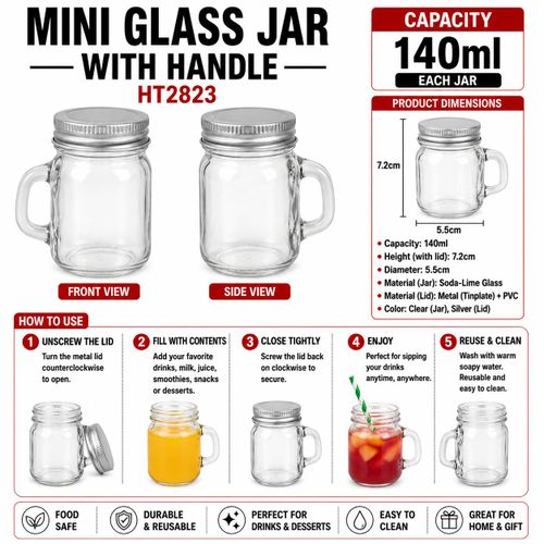 Generic 3PCS Mini Glass Jar Mug With Handle & Metal Lid – 140ml Reusable Storage & Drink Jar Set - image 2