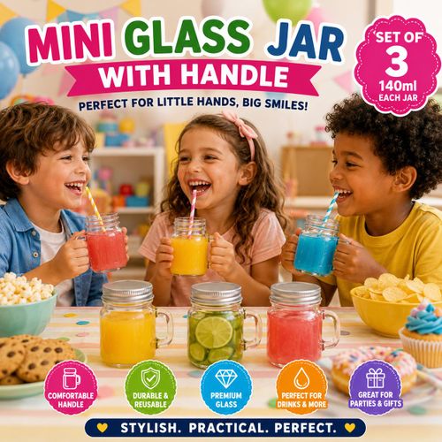 Generic 3PCS Mini Glass Jar Mug With Handle & Metal Lid – 140ml Reusable Storage & Drink Jar Set - image 3