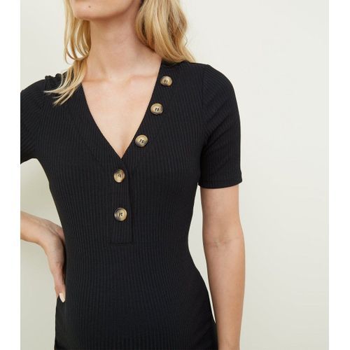 product_image_name-New Look-Rib Button Neckline Black Maternity Dress-4