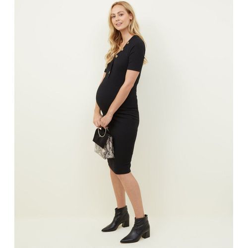 product_image_name-New Look-Rib Button Neckline Black Maternity Dress-5