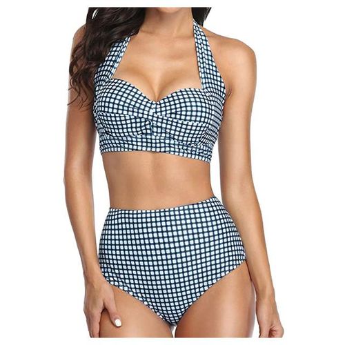 Generic Women Vintage Swimsuit Two Piece Retro Halter Ruched High Waist  Print Bikini Set