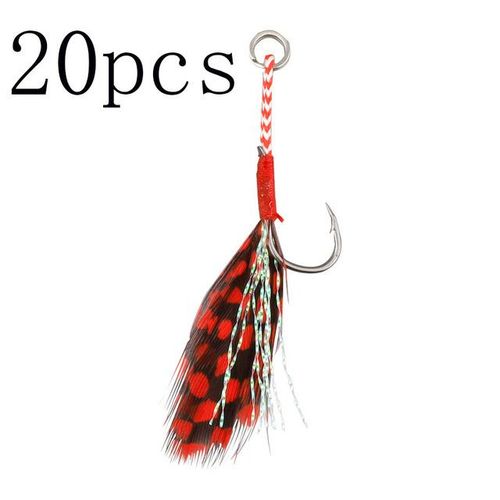 Generic 20pcs Fishing Lure Slow Jigging Fishing Cast Jigs Assist Hook  Barbed Single Jig Hooks Thread Red Feather Pesca High Carbon Steel