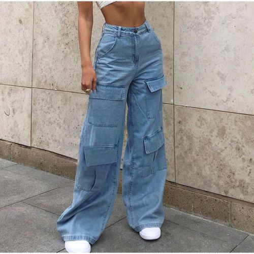 Cool Girls Fashion Wild Straight Cargo Jeans High Waist Loose Leg