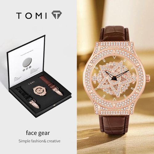 Tomi Gold Spin Dial Black and Brown Leather Strap Watch