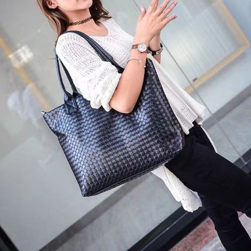 Fashion Women's Bag Tote Bag Handbag Pure Black Woven Pattern Underarm ...