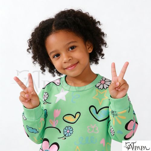 product_image_name-Catpapa-Limited Time No Restock!4-7Years Baby Girl Green Round Neck Long Sleeved Cute Pattern Printed Fashionable Casual Top for Autumn and Winter Indoor and Outdoor City Walking Clothing-2