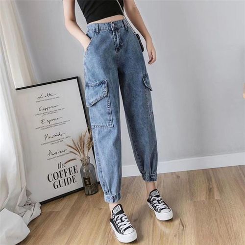 Fashion (dark Blue)Big Pocket Baggy Denim Cargo Pants Women Blue Boyfriend  High Waist Casual Jeans Mujer Streetwear Banded Pantalones De Mezclilla ACU